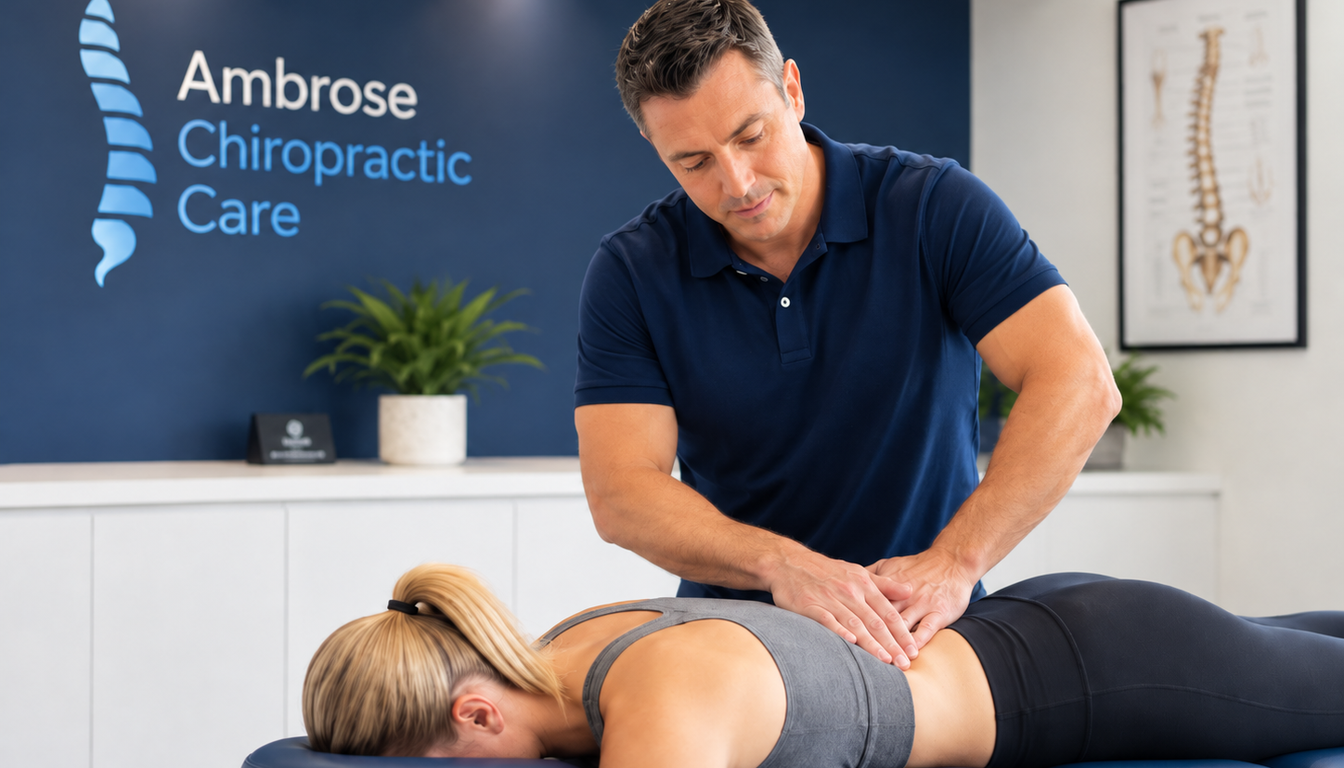 Chiropractor at Ambrose Chiropractic Care in Wyong performing a lower-back adjustment for a patient in sports attire